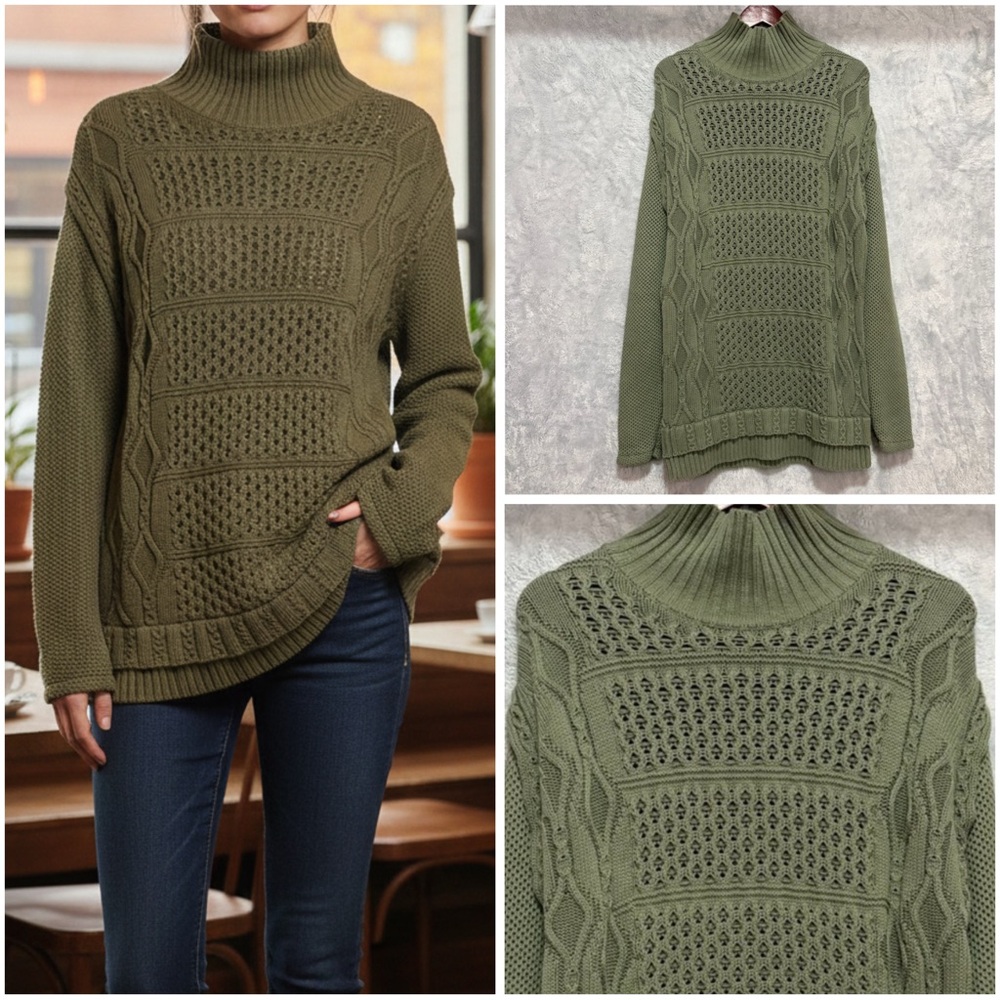 RTA Mock Turtleneck Chunky Knit Sweater Womens M Green Open Stitch Cable Knit